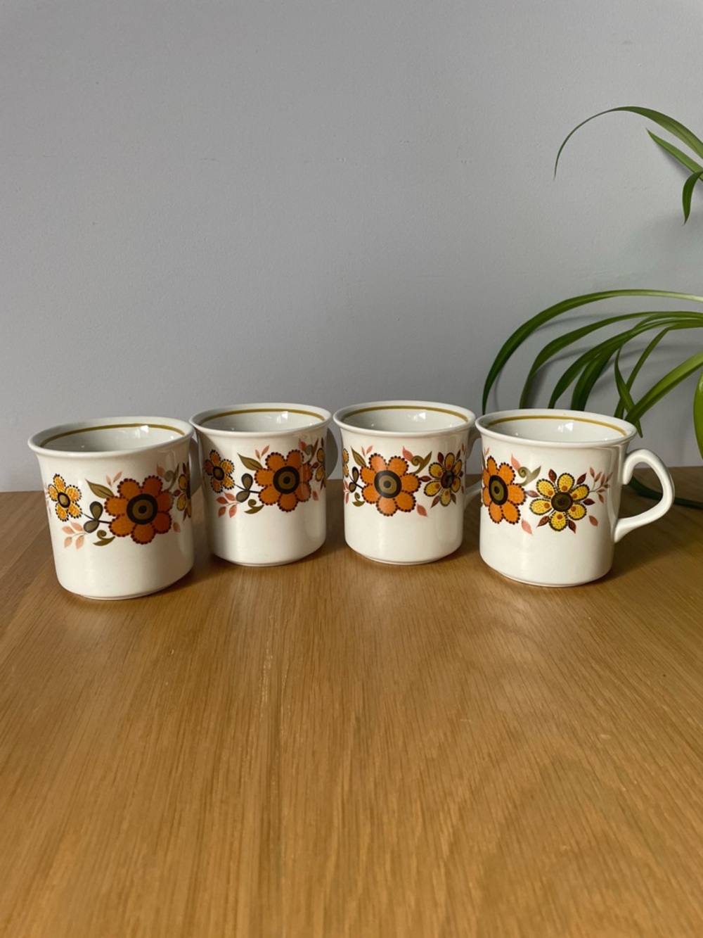 Vintage 60s Ridgeway Ironstone “Harvest Gold” Pattern Coffee Mugs Set of 4